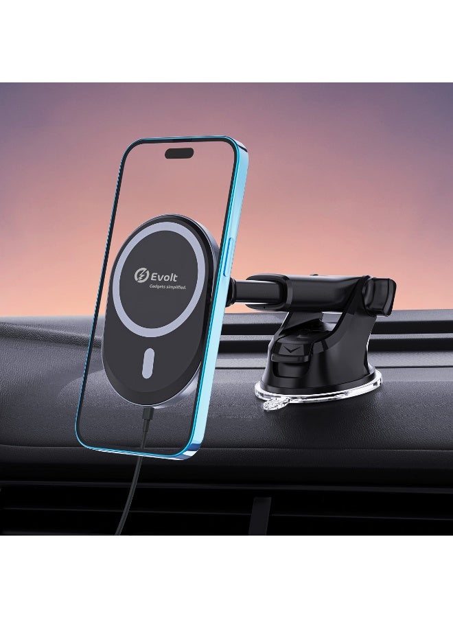 ايڤولت حامل السيارة اللاسلكي المغناطيسي Evolt MCH 200 متوافق مع سلسلة iPhone من 11 إلى 17، متوافق مع لوحة القيادة والزجاج الأمامي مع كابل Type C إلى C واحد - Image 2